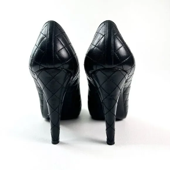 CHANEL Quilted Platform Black Pumps Size 38.5 US 8 CC Logo Heel Cap Toe - Picture 7 of 12